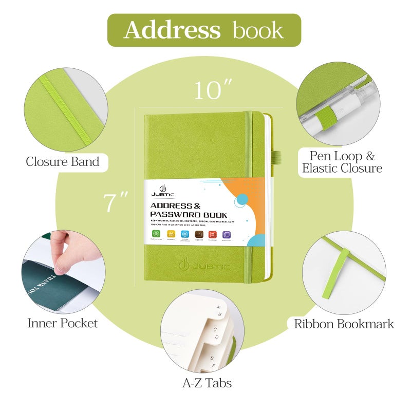 JUBTIC JUBTIC Address book with Alphabetical Tabs, Hardcover Password Keeper and Telephone Book Address Organizer Record Contacts, Internet Login Address Log book Journal Notebook for Home or Office-Green  - Image 3