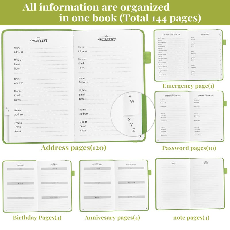 JUBTIC JUBTIC Address book with Alphabetical Tabs, Hardcover Password Keeper and Telephone Book Address Organizer Record Contacts, Internet Login Address Log book Journal Notebook for Home or Office-Green  - Image 4