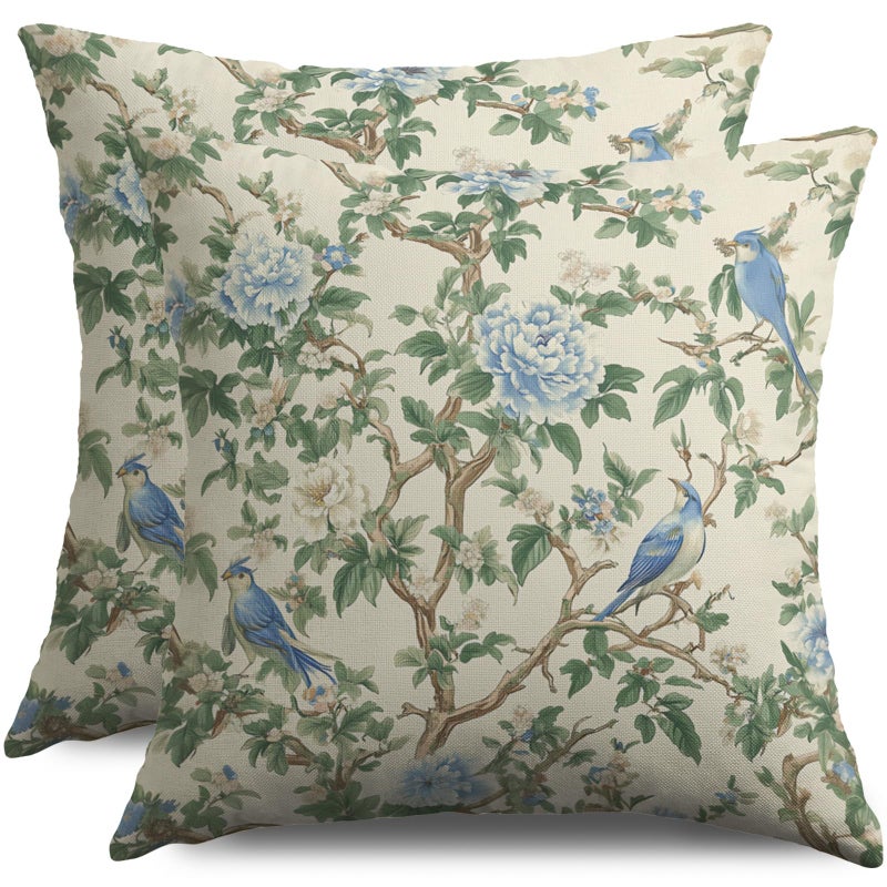 Smozenith Blue Green Chinoiserie Floral Pillow Covers 18X18 Set of 2 Flower Bird Pattern Sage Decorative Throw Pillow Covers Outdoor Vintage Farmhouse Cushion Cases Couch Sofa Bed Decor