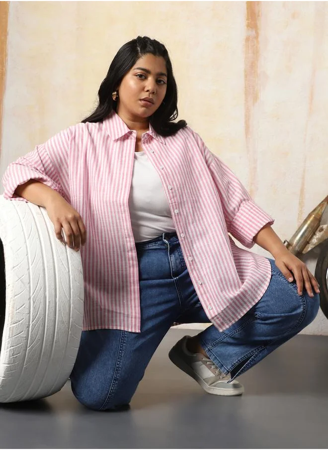 هاي ستار Women Shirts in Pink featuring Oversized fit with a strip pattern, spread collar collar, collar neckline, full sleeve, secured with button closure, crafted from 100% cotton – an essential addition to your stylish collection.