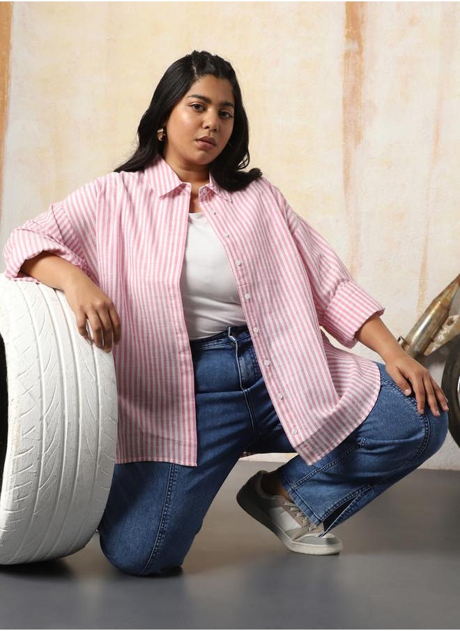 HIGH STAR - Women Shirts in Pink featuring Oversized fit with a strip pattern, spread collar collar, collar neckline, full sleeve, secured with button closure, crafted from 100% cotton – an essential addition to your stylish collection. - Image 1