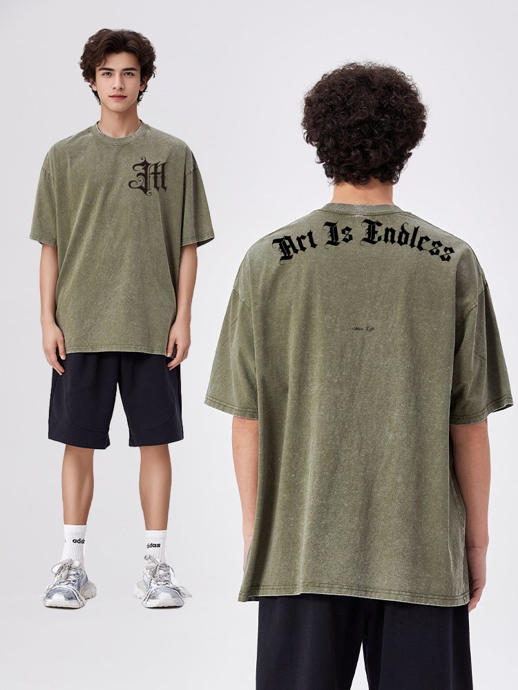 Shunyi Clothing Original Cool And Handsome Retro Print Design American High Street Washed T-Shirt Short-Sleeved Loose Trendy Brand - Image 2