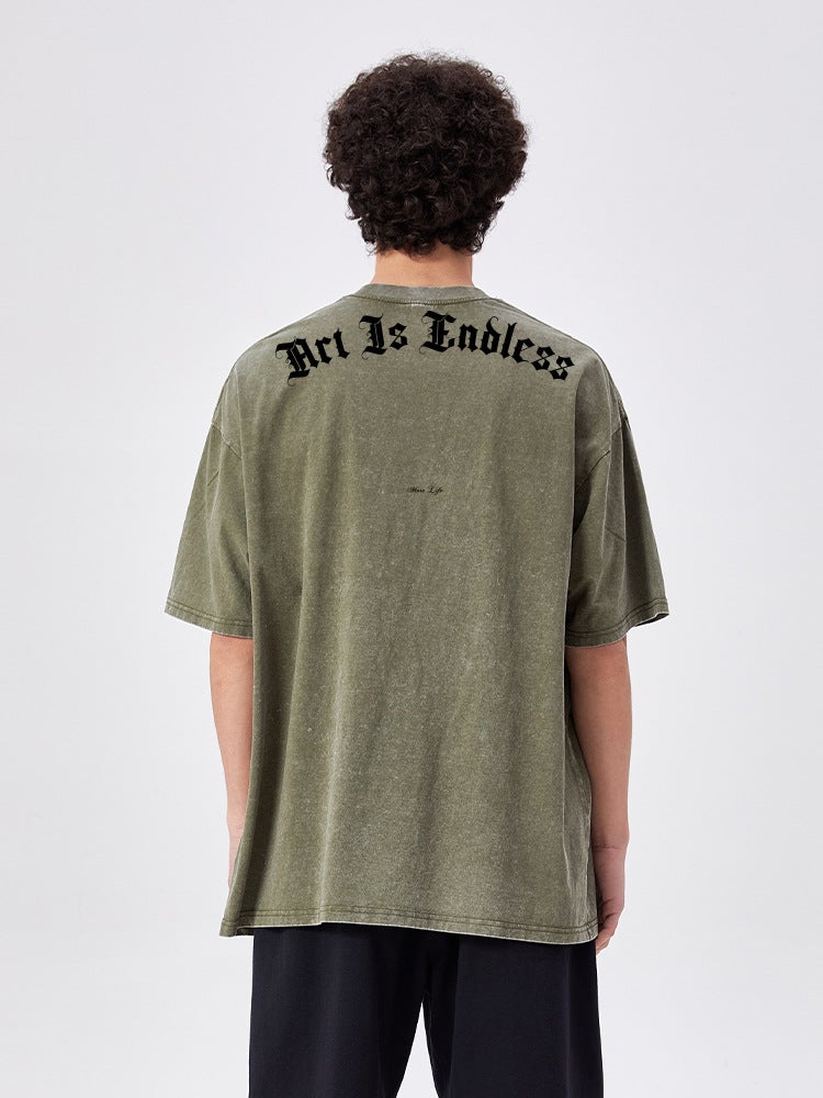 Shunyi Clothing Original Cool And Handsome Retro Print Design American High Street Washed T-Shirt Short-Sleeved Loose Trendy Brand - Image 3