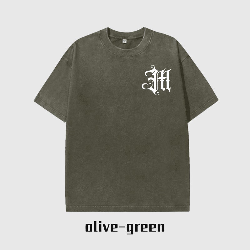Shunyi Clothing Original Cool And Handsome Retro Print Design American High Street Washed T-Shirt Short-Sleeved Loose Trendy Brand - Image 1