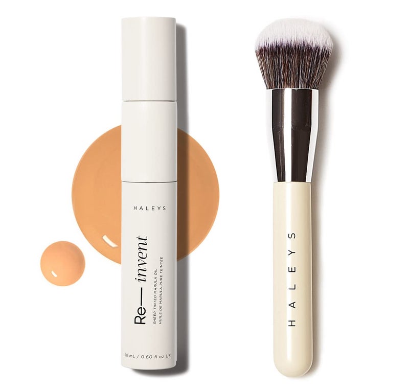 HALEYS Skin Tint Set (Medium/Tan Neutral): Re-invent Sheer Tinted Marula Oil, Skin Tint, Tinted BB Moisturizer, Face Oil, Hydrating Glowing Skin, Brilliant Kabuki Brush, Streak-free Blending, Buff - Image 1