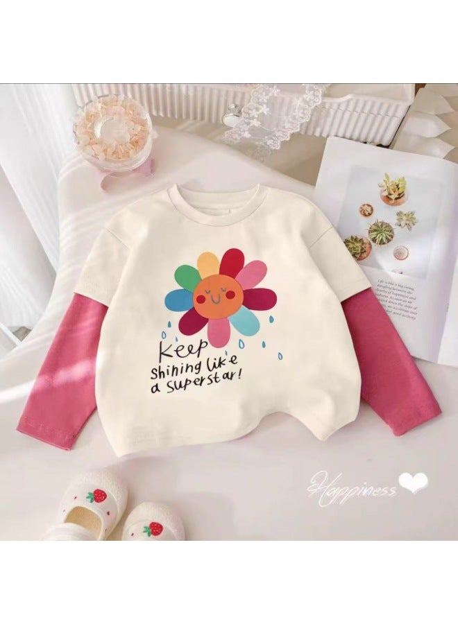 Pure Cotton Girls' Fake Two-piece Long Sleeve T-shirt New Spring/autumn Style Cartoon Color-blocking Base Layer Fashion Autumn Outfit Children's Top