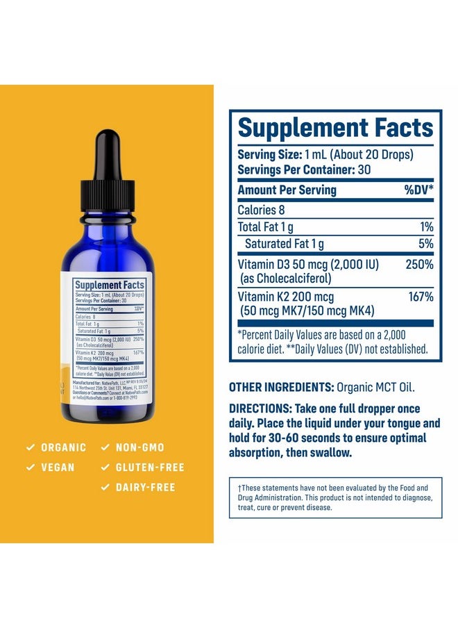 NativePath NativePath D3K2 Tincture - 2000IU Vitamin D3 and Vitamin K2 Supplement with Organic MCT Oil - 1 Fluid Ounce - Rapid Bioavailability Multi-Vitamin for Bone Strength and Total Body Wellness, 30 Servings  - Image 1