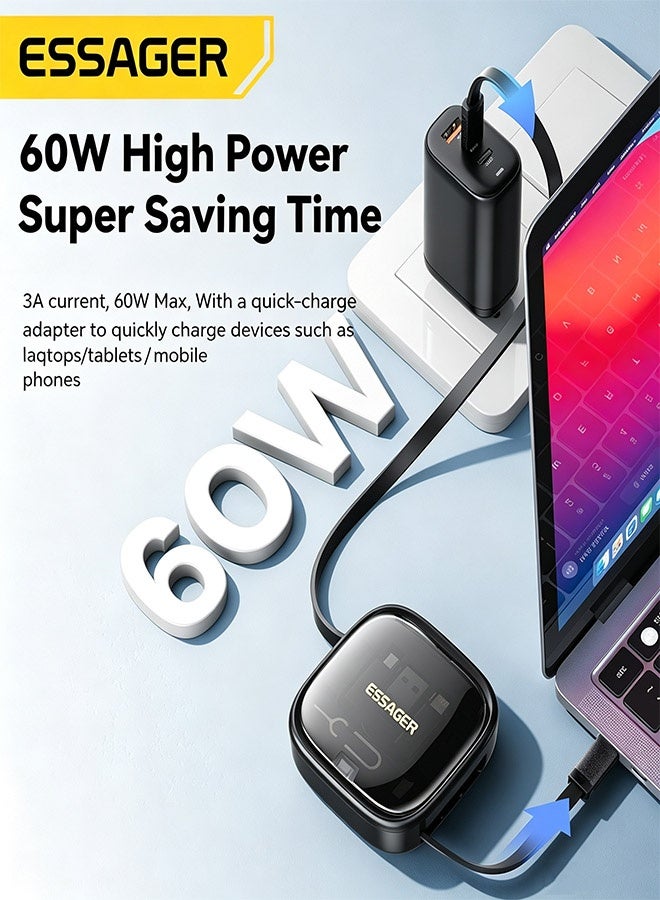 ESSAGER Retractable 5-in-1 USB Charging Cable Kit, 60W Multi-USB Adapter Set with Type-C to Lightning/Micro/USB-A, 480Mbps Data Transfer, SIM/TF Card Storage & Tray Eject Pin, Phone Stand, Magnetic Travel Storage Case - Image 5