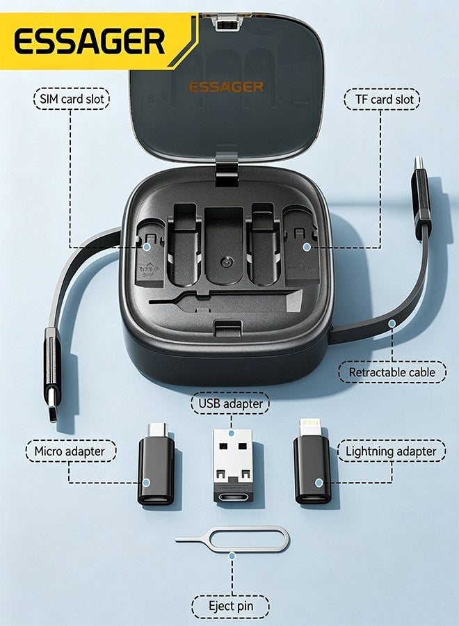 ESSAGER Retractable 5-in-1 USB Charging Cable Kit, 60W Multi-USB Adapter Set with Type-C to Lightning/Micro/USB-A, 480Mbps Data Transfer, SIM/TF Card Storage & Tray Eject Pin, Phone Stand, Magnetic Travel Storage Case - Image 2