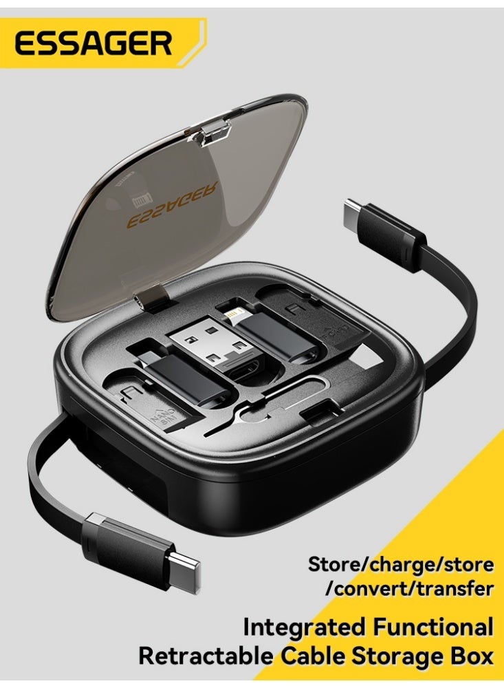 ESSAGER Retractable 5-in-1 USB Charging Cable Kit, 60W Multi-USB Adapter Set with Type-C to Lightning/Micro/USB-A, 480Mbps Data Transfer, SIM/TF Card Storage & Tray Eject Pin, Phone Stand, Magnetic Travel Storage Case - Image 1
