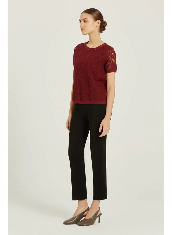 Mısırlı 1951 Burgundy Lace-Detail Short Sleeve Blouse