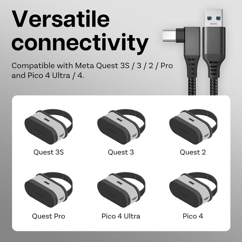 زوني كابل ربط VR من بطول 16.5 قدم، من نوع USB إلى USB-C، مخصص لأجهزة Meta Quest 3S / 3/2 / Pro، Pico 4 Ultra / 4، وأجهزة الكمبيوتر/Steam VR، مصنوع من النايلون المنسوج بزاوية 90 درجة، لاستخدامه مع الرؤوس الخاصة بألعاب الواقع الافتراضي (لون أسود، منفذ USB-A) - Image 3