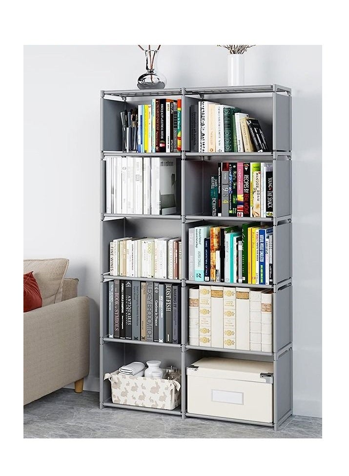 MIXDE Double Row 10-Grid Multi-Functional Storage Shelves , Assembled Storage Rack,Bedroom Living Room Vertical Cabinet Bookshelf Grey - Image 2