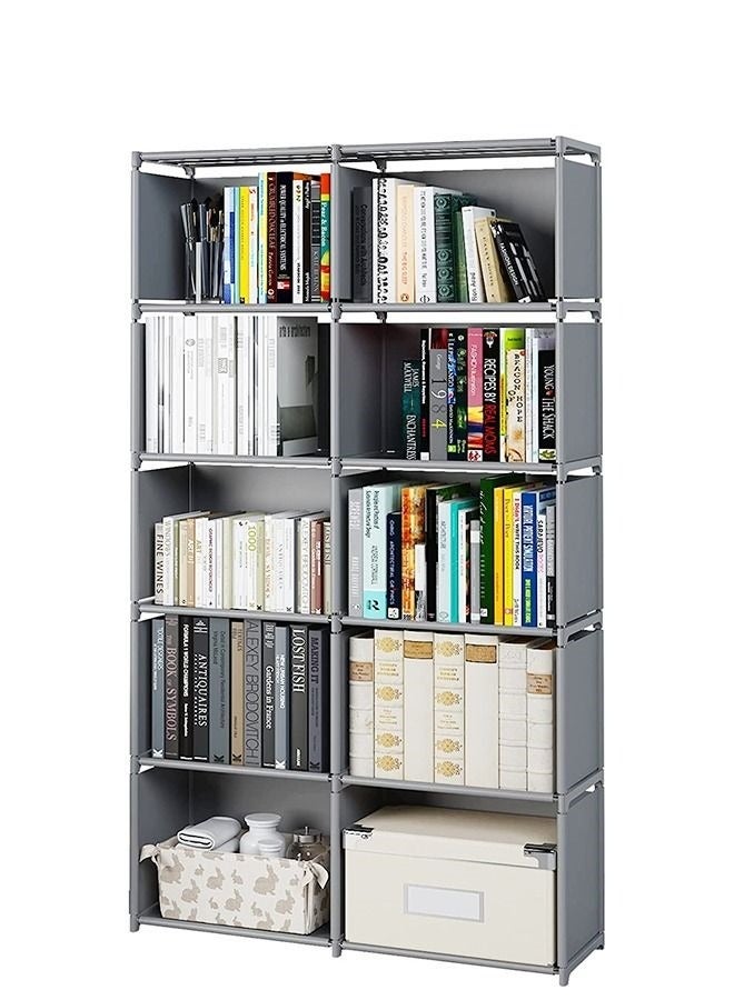MIXDE Double Row 10-Grid Multi-Functional Storage Shelves , Assembled Storage Rack,Bedroom Living Room Vertical Cabinet Bookshelf Grey - Image 1