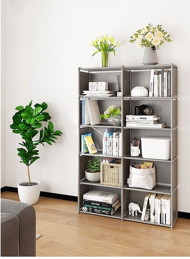 MIXDE Double Row 10-Grid Multi-Functional Storage Shelves , Assembled Storage Rack,Bedroom Living Room Vertical Cabinet Bookshelf Grey - Image 4