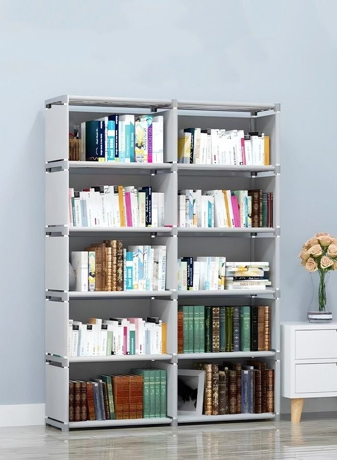 MIXDE Double Row 10-Grid Multi-Functional Storage Shelves , Assembled Storage Rack,Bedroom Living Room Vertical Cabinet Bookshelf Grey - Image 3