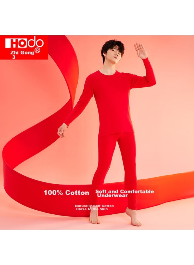 Hongdou Men's Autumn Underwear Set, Pure Cotton Round Neck Thermal Top And Bottom, Thin Base Layer Thermal Underwear - Image 2
