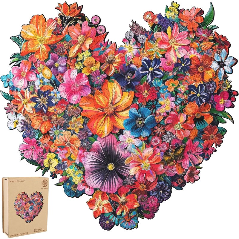 Mys Aurora Puzzles for Adults Heart Flower Wooden Puzzles 300 Pieces Unique Shaped Jigsaw Puzzles Birthday Gifts for Mom Adults and Kids Fun Challenge Family Game 126 x 122 Inch - Image 3