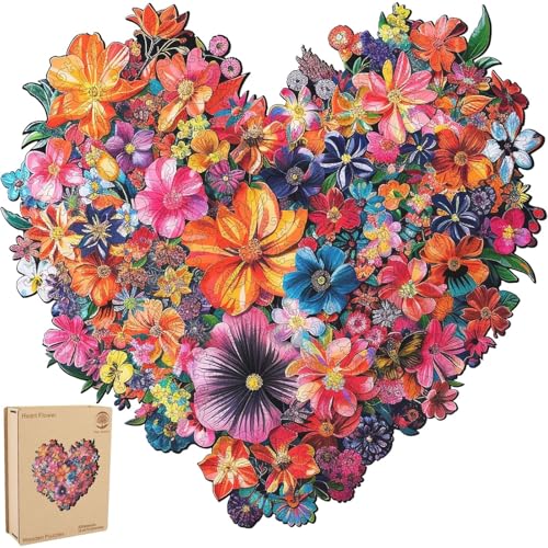 Mys Aurora Puzzles for Adults Heart Flower Wooden Puzzles 300 Pieces Unique Shaped Jigsaw Puzzles Birthday Gifts for Mom Adults and Kids Fun Challenge Family Game 126 x 122 Inch - Image 1