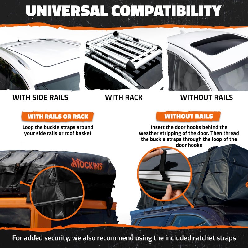 Mockins XXL 50 CuFt Car Rooftop Cargo Carrier Bag | Massive 85"x50"x20" Heavy Duty Car Luggage Roof Carrier Bag | All-Weather Vinyl Vehicle Soft-Shell Carriers with Anti-Slip Mat, Lock, Straps & Hooks - Image 4