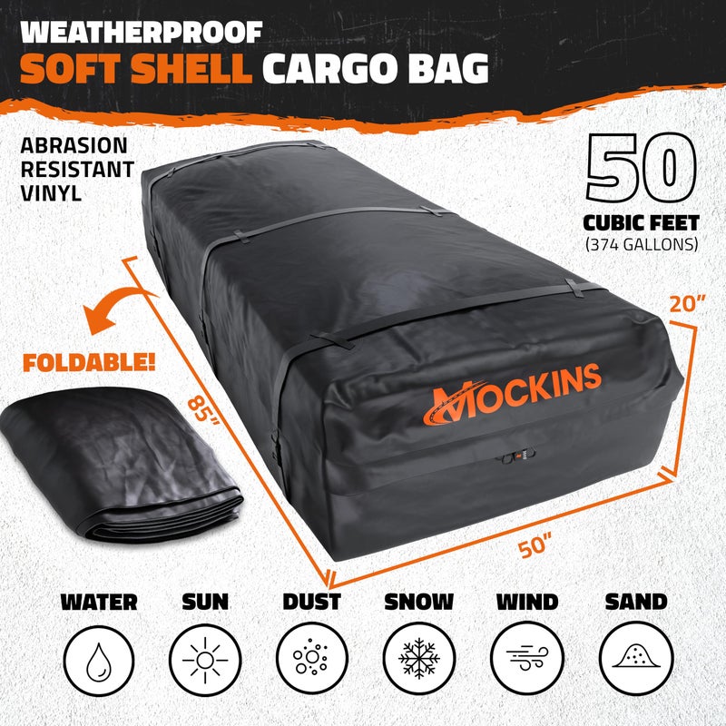 Mockins XXL 50 CuFt Car Rooftop Cargo Carrier Bag | Massive 85"x50"x20" Heavy Duty Car Luggage Roof Carrier Bag | All-Weather Vinyl Vehicle Soft-Shell Carriers with Anti-Slip Mat, Lock, Straps & Hooks - Image 2