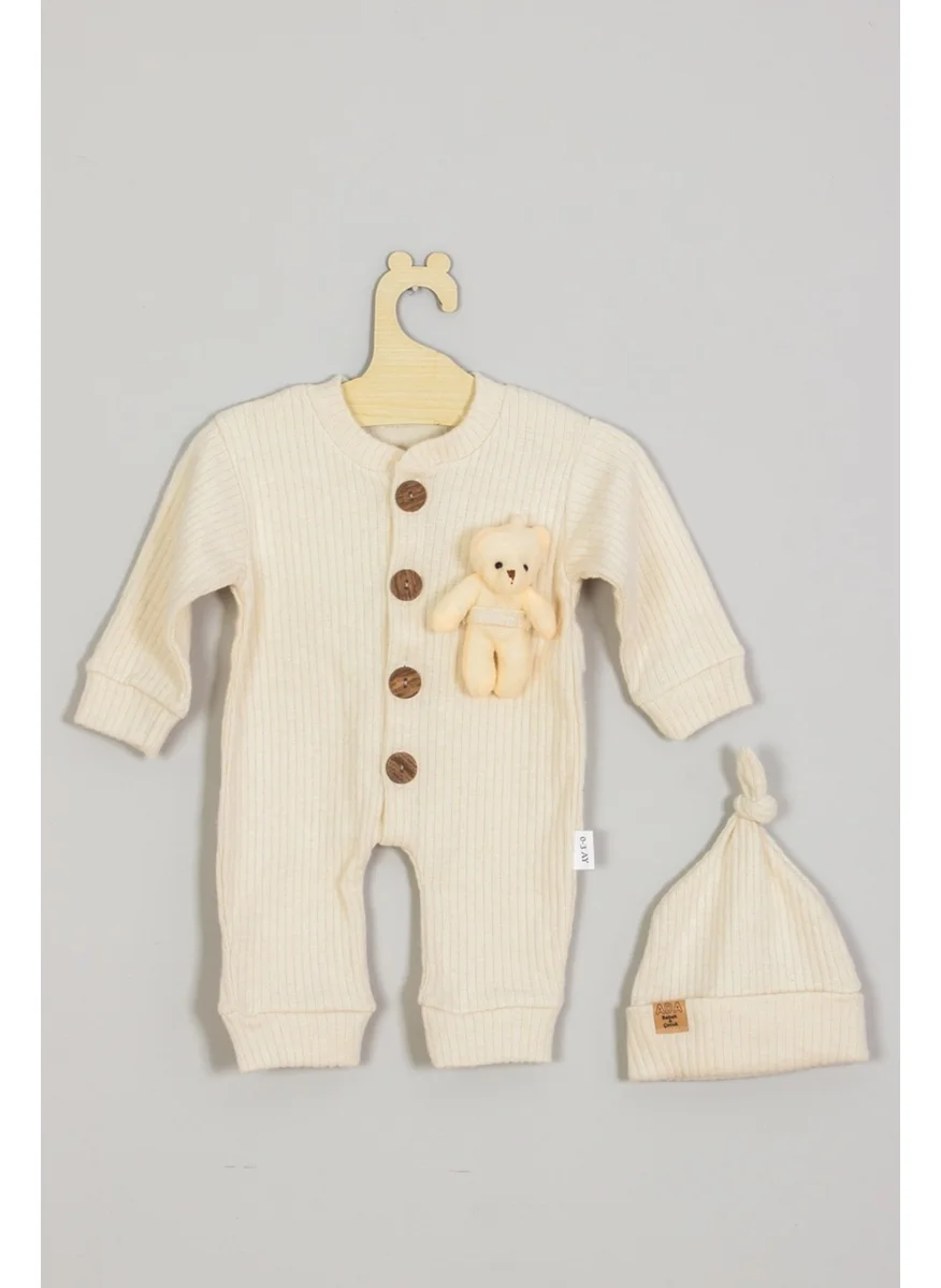 Ada Bebek Çocuk Ada Baby Kids Adabebek 100% Cotton Wooden Buttoned Teddy Bear, Corded Style Hat Baby Rompers