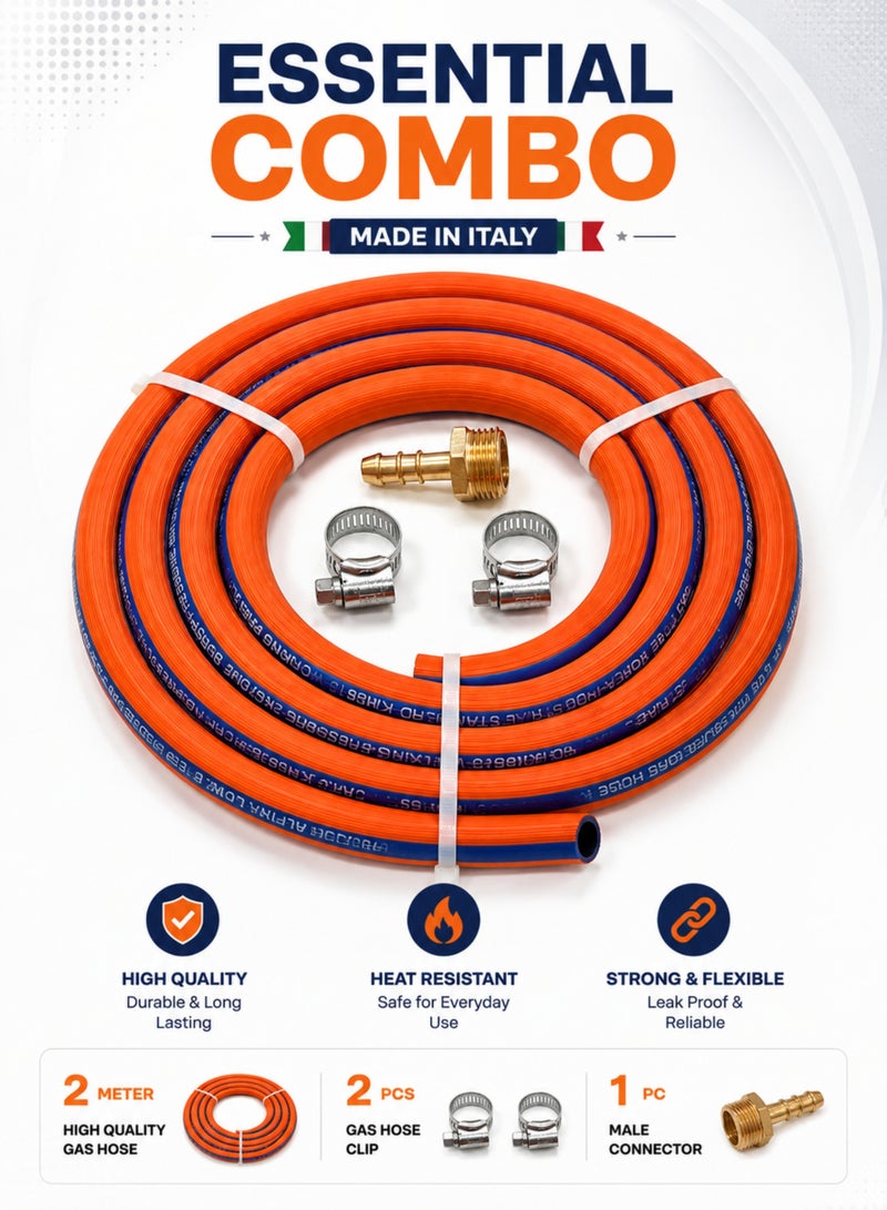 Essential 2 Meter Gas Hose Combo Made in Italy with 1/2" BS Male Connector & 2 Hose Clips, Flexible LPG Gas Pipe for Compatible Gas Stoves & Appliances - Image 1