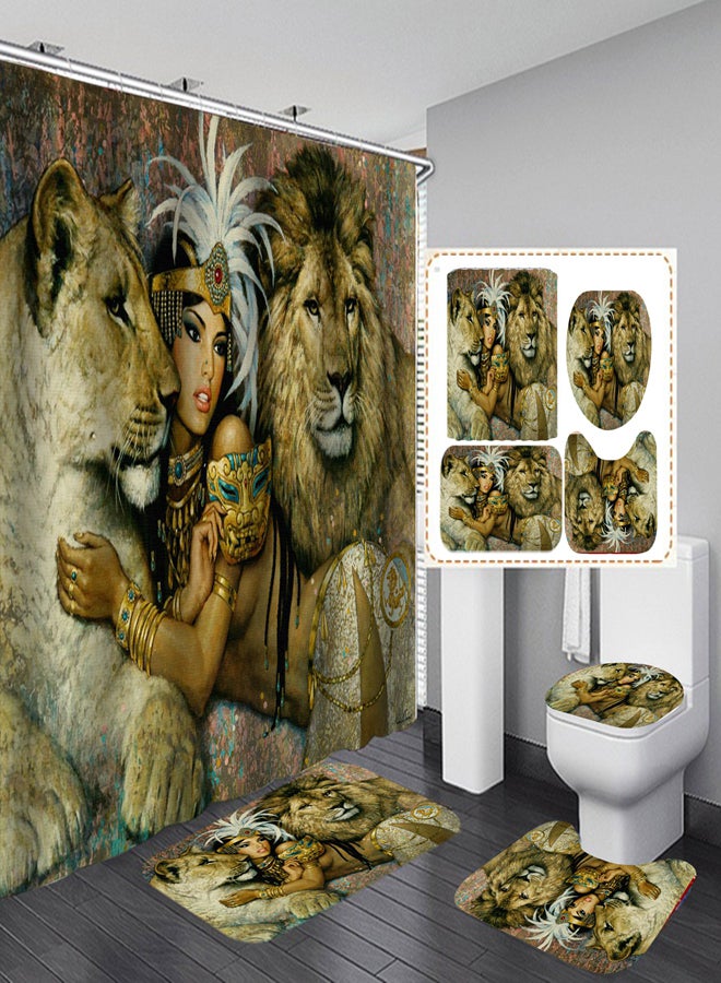 Halamodo Egyptian Queen & Lion Print Bathroom Set – 4-Piece Waterproof Shower Curtain, Non-Slip Bath Mat, Toilet Lid Cover, and Rug with Hooks for a Stylish, Artistic Bathroom Décor - Image 1