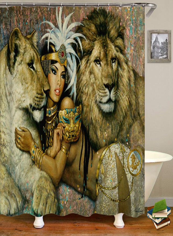 Halamodo Egyptian Queen & Lion Print Bathroom Set – 4-Piece Waterproof Shower Curtain, Non-Slip Bath Mat, Toilet Lid Cover, and Rug with Hooks for a Stylish, Artistic Bathroom Décor - Image 2
