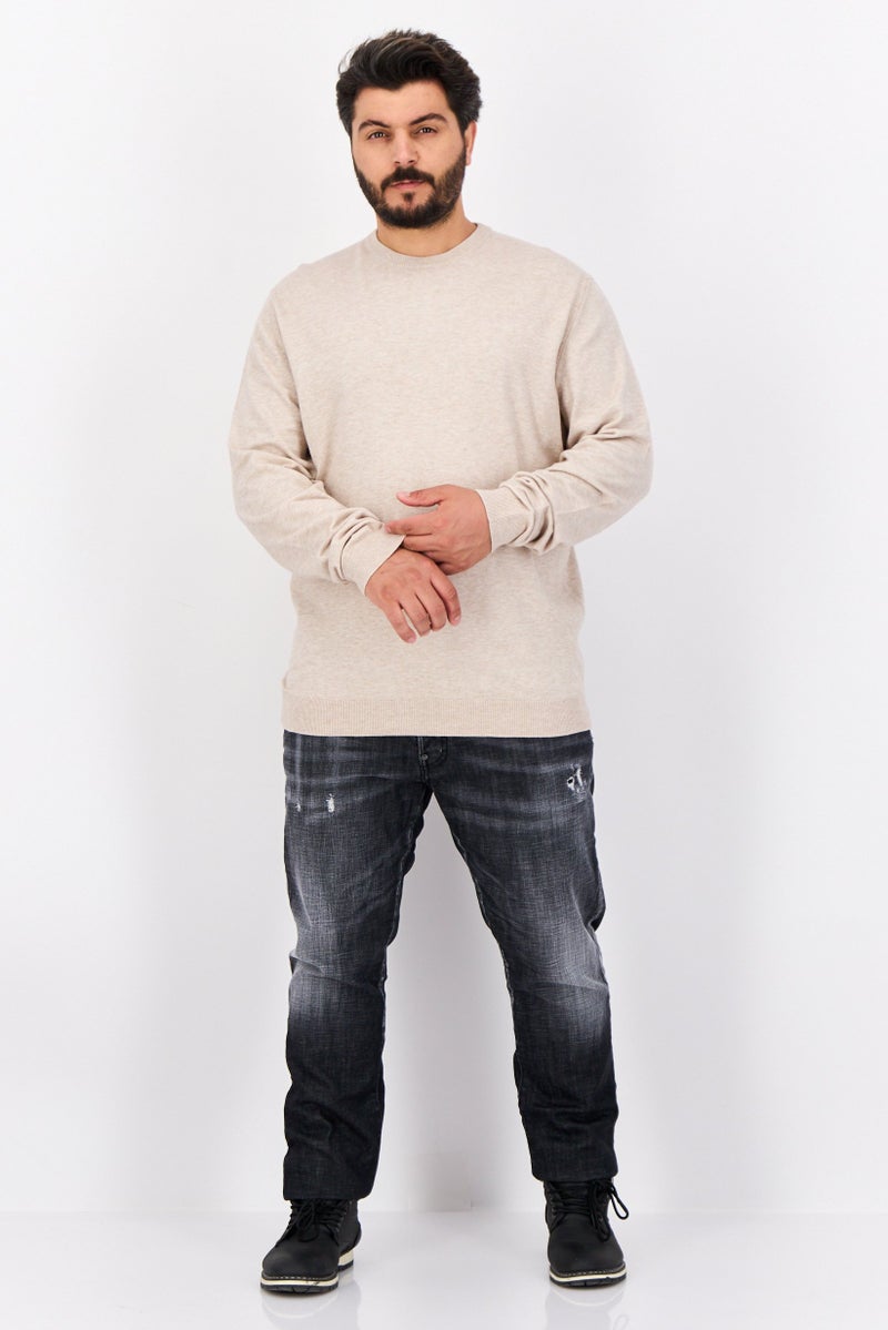 Sorbino Men Crew Neck Long Sleeve Plain Sweater, Beige - Image 4