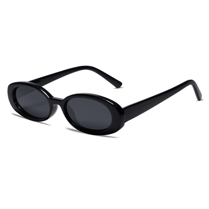 VANLINKER 90s Sunglasses for Women Men, Retro Oval Sunglasses Narrow Eyeglasses Polarized UV400 Protection (Black, Grey) - Image 1