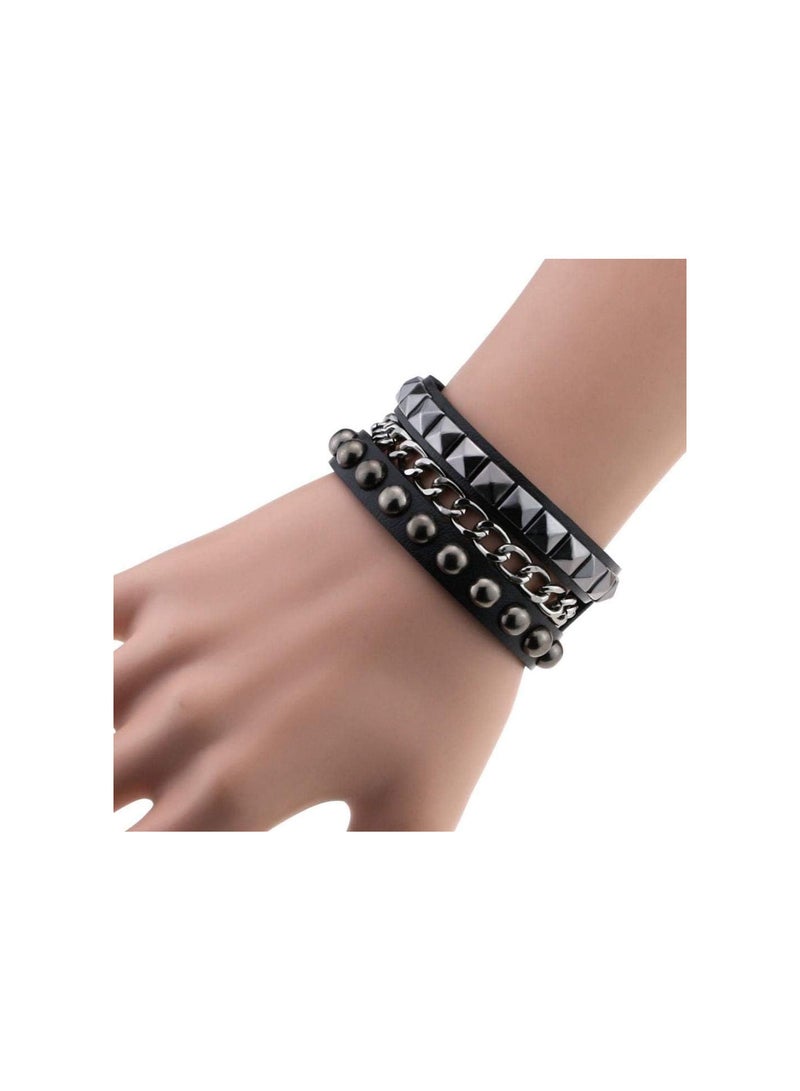 GGOOT Premium Quality Women's Layered Punk Rock Rivet Bracelet Studded Faux Leather Metal Chain Bangle - Image 2