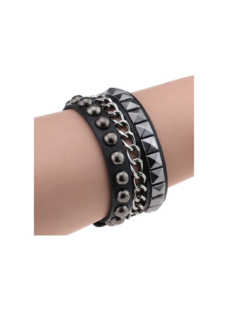 GGOOT Premium Quality Women's Layered Punk Rock Rivet Bracelet Studded Faux Leather Metal Chain Bangle - Image 3