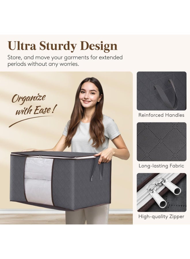 لايفويت حقيبة تخزين ملابس من 8 قطع، صناديق تخزين للملابس والبطانيات والألحفة، تخزين ملابس قابل للطي مع مقبض مقوى، سحاب قوي، منظم خزانة مع نافذة شفافة، 60 لتر، رمادي - Image 4