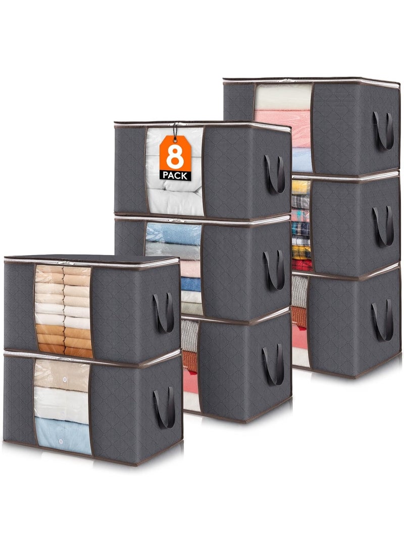 لايفويت حقيبة تخزين ملابس من 8 قطع، صناديق تخزين للملابس والبطانيات والألحفة، تخزين ملابس قابل للطي مع مقبض مقوى، سحاب قوي، منظم خزانة مع نافذة شفافة، 60 لتر، رمادي - Image 1