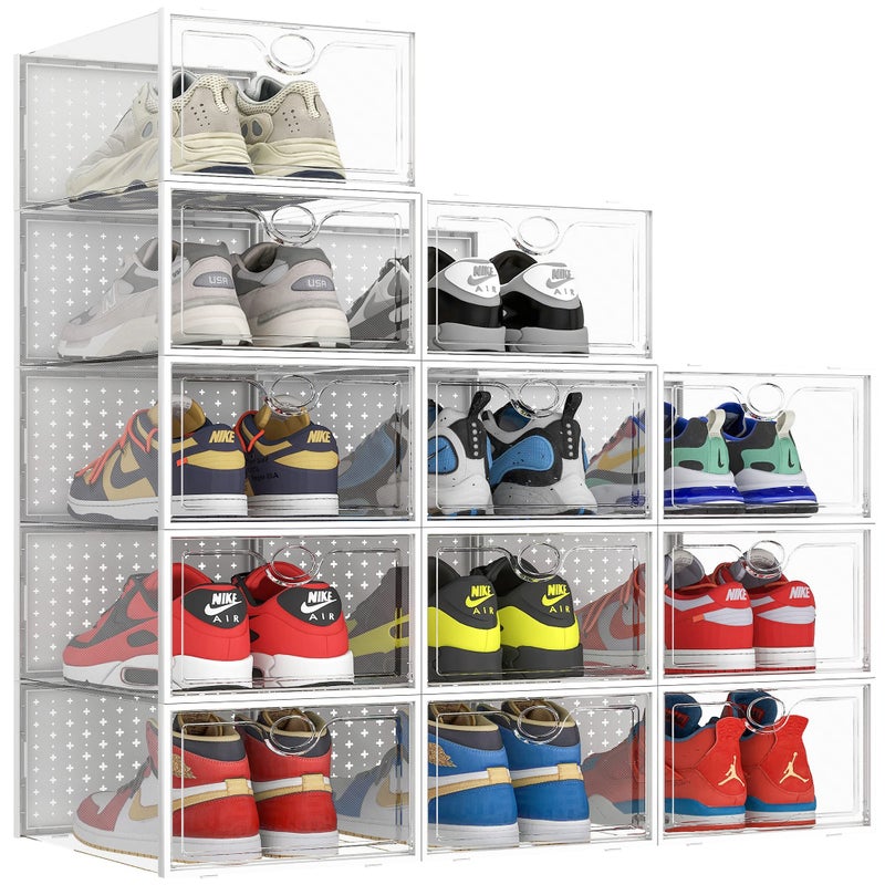 Pinkpum XXL Larger Shoe Storage Boxes Fit Size 14, Clear Plastic Stackable Shoe Organizer 12 Pack Sneaker Storage for Sneakerheads Shoe Containers - Image 1