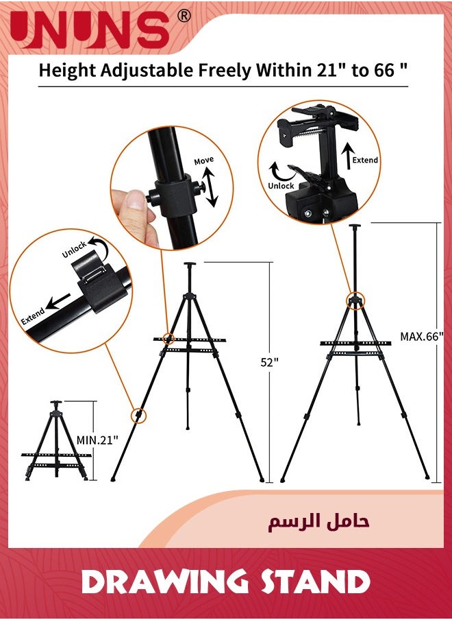 UNUNS - 66 Inches Easel Stand With Tray,Aluminum Metal Art Easel Artist Tripod Adjustable Height From 21" to 66" With Carry Bag For Table-Top/Floor Painting And Displaying - Image 1