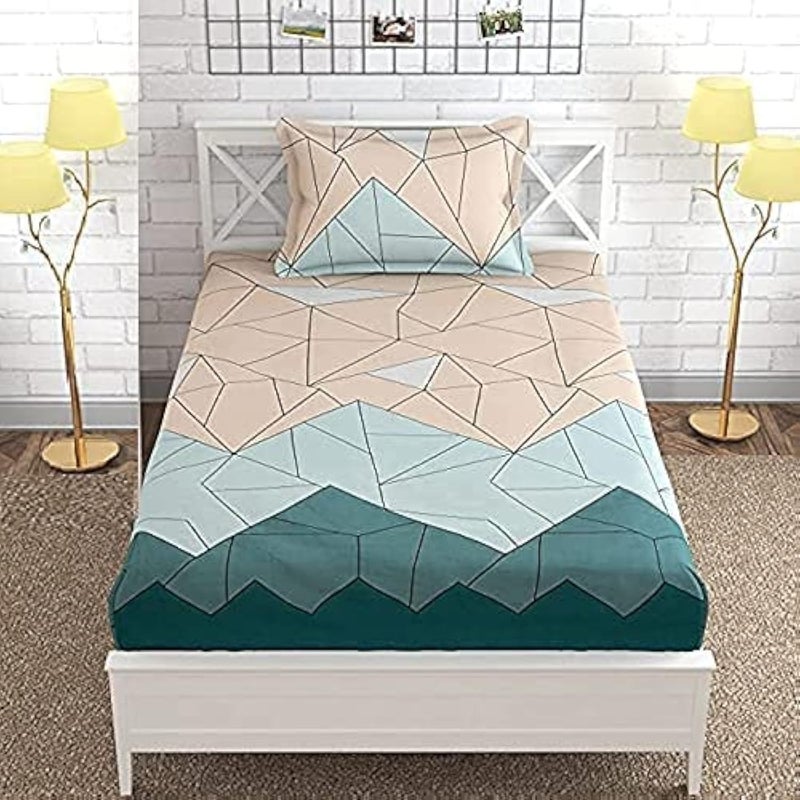 KAWI Single Bedsheet Elastic Fitted Glace Cotton With 1 Pillow Cover 72X 48Xup To 8 Inche Mattress Peach Green ColourSingle 72X48