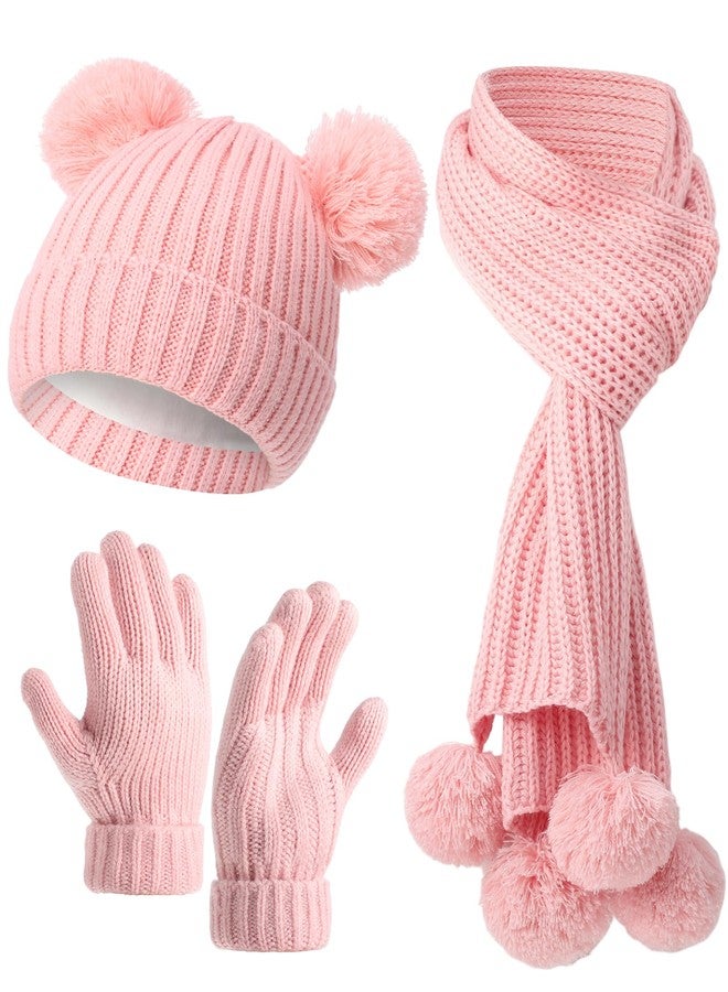 Geyoga 3 Pcs Kids Winter Hat Gloves Scarf Set for Age 2-8 Yrs Boys Girls Winter Toddler Warm Fleece Lined Hat Scarf Gloves(Pink) - Image 1