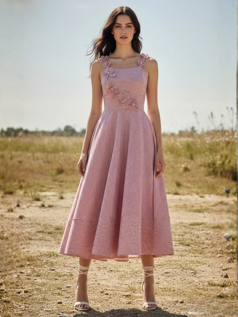 OUTZIDR Pink Midi Yarndyed Dress With Cutout Floral Applique Detail