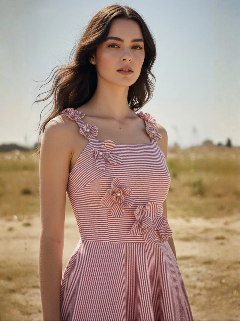 OUTZIDR Pink Midi Yarndyed Dress With Cutout Floral Applique Detail