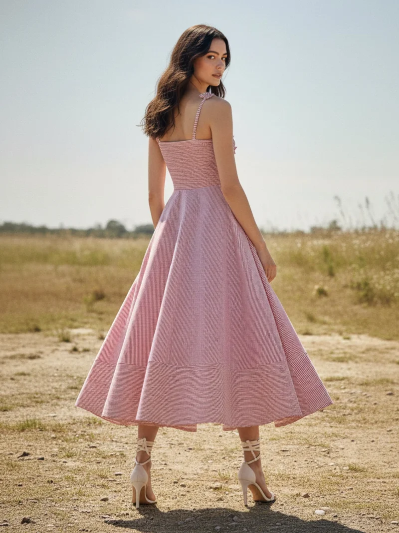 Outzidr  Pink Midi Yarndyed Dress With Cutout Floral Applique Detail for Women | Best Price UAE