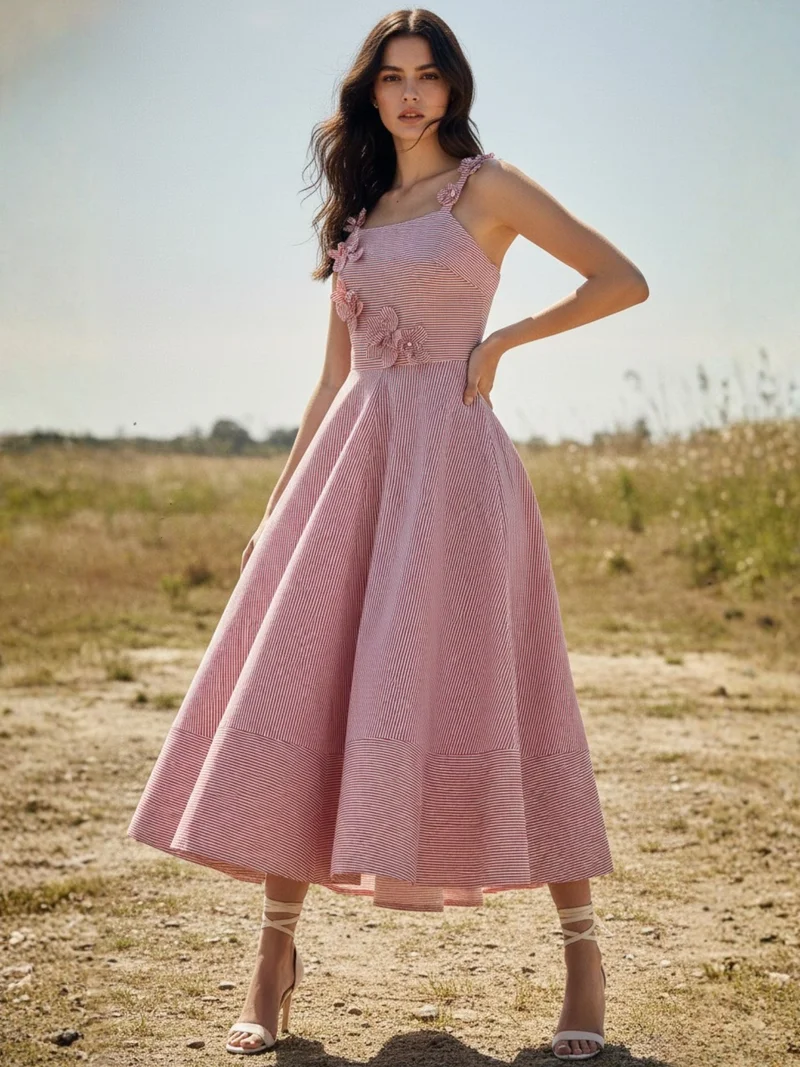 Outzidr  Pink Midi Yarndyed Dress With Cutout Floral Applique Detail for Women | Best Price UAE