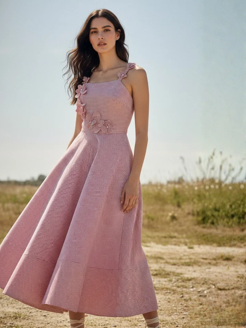 Outzidr  Pink Midi Yarndyed Dress With Cutout Floral Applique Detail for Women | Best Price UAE