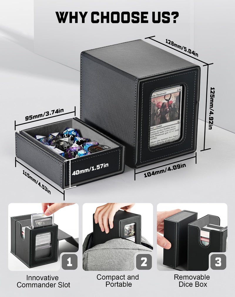 ZLCA MTG Commander Deck Box with Display Window, Card Deck Box Holds 100 Double-Sleeved with Dice Tray & 35pt Magnetic Card Holder ï¼ˆBlack&Greyï¼‰ - Image 5