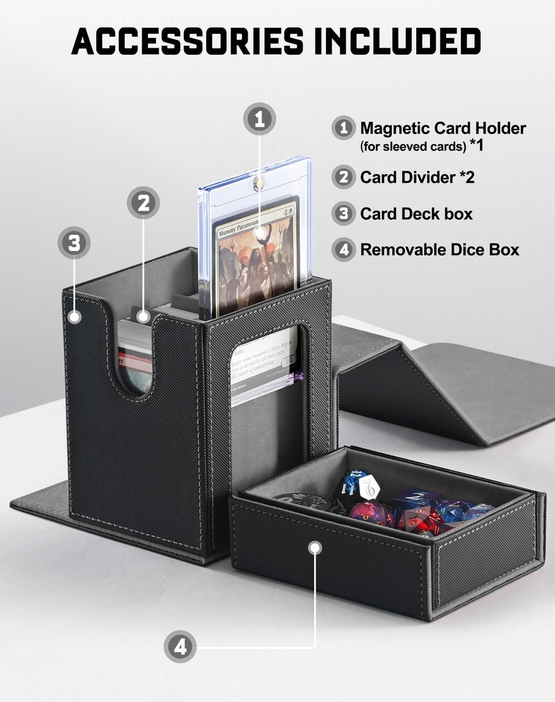 ZLCA MTG Commander Deck Box with Display Window, Card Deck Box Holds 100 Double-Sleeved with Dice Tray & 35pt Magnetic Card Holder ï¼ˆBlack&Greyï¼‰ - Image 2