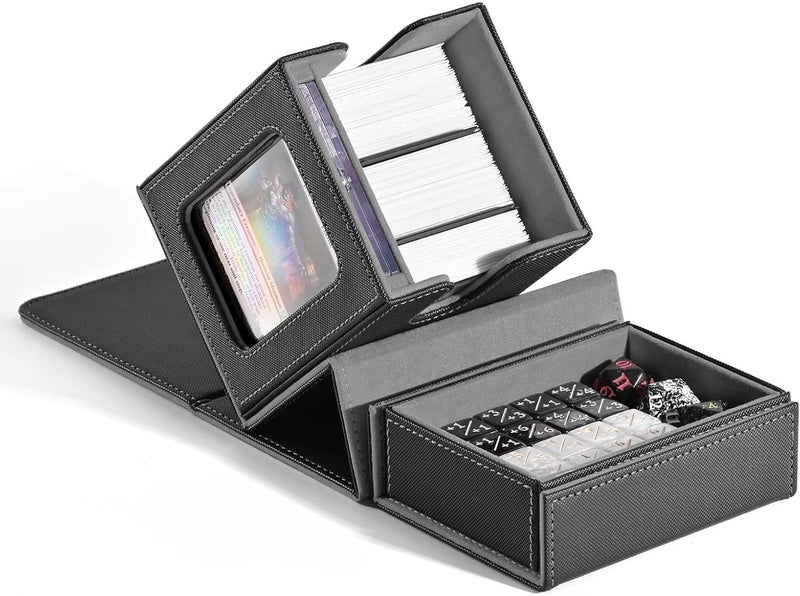 ZLCA MTG Commander Deck Box with Display Window, Card Deck Box Holds 100 Double-Sleeved with Dice Tray & 35pt Magnetic Card Holder ï¼ˆBlack&Greyï¼‰ - Image 1