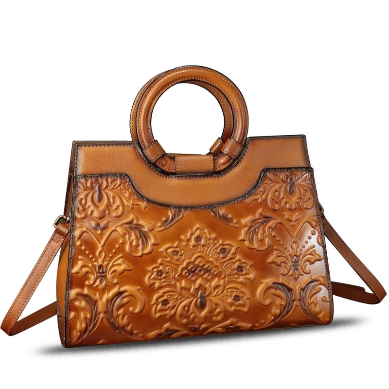 IVTG Genuine Leather Purses and Handbags for Women Vintage Embossed Leather Crossbody Shoulder Bag Satchel Top Handle Bags (Brown) - Image 1