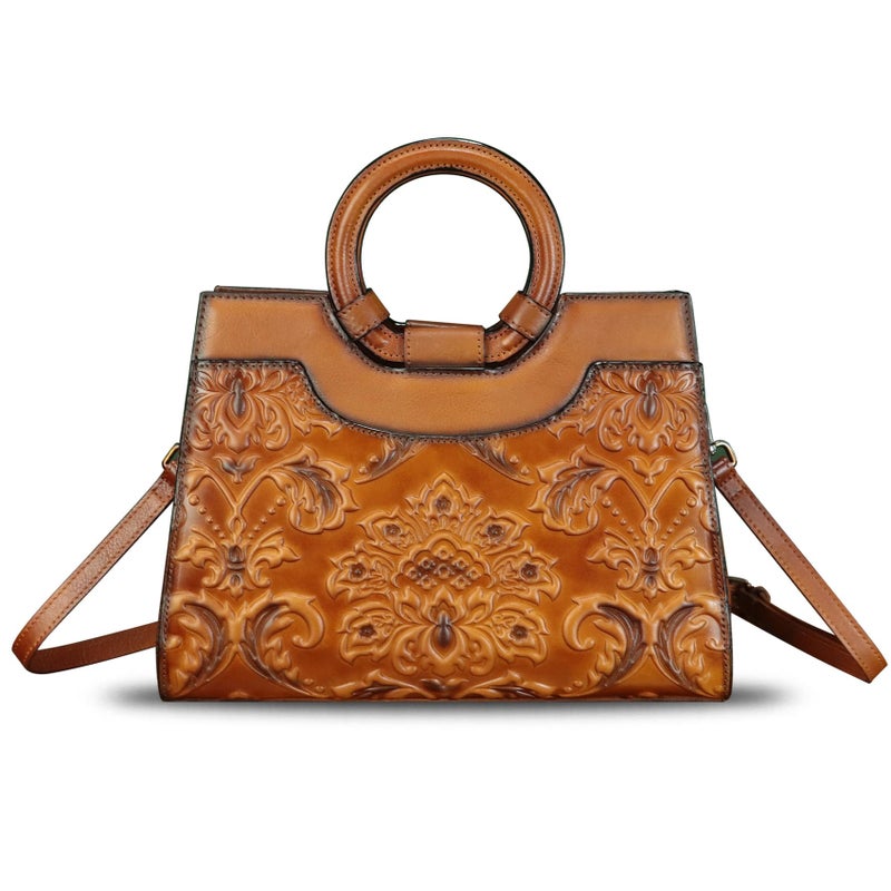 IVTG Genuine Leather Purses and Handbags for Women Vintage Embossed Leather Crossbody Shoulder Bag Satchel Top Handle Bags (Brown) - Image 3