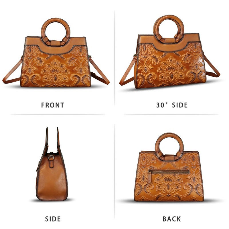 IVTG Genuine Leather Purses and Handbags for Women Vintage Embossed Leather Crossbody Shoulder Bag Satchel Top Handle Bags (Brown) - Image 5